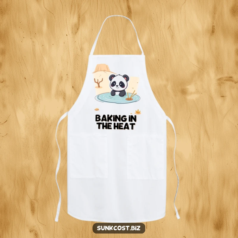Funny apron with a playful panda comically attempting to swim in a dry desert, making kitchen tasks a humorous and delightful experience.