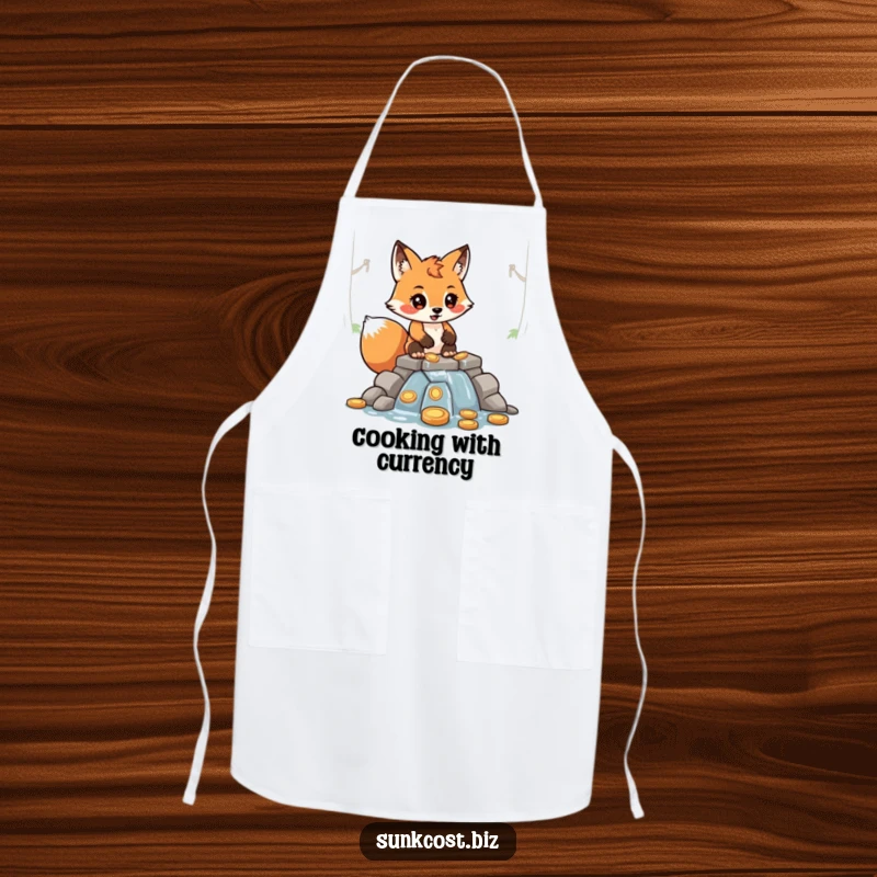 Funny determined fox character building a dam out of coins, with water seeping through, on a humorous cooking apron.