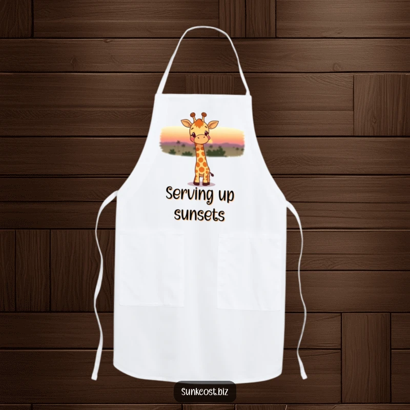 Funny apron with a happy giraffe gazing wistfully at a fading sunset, bringing a sense of calm and humor to kitchen tasks.