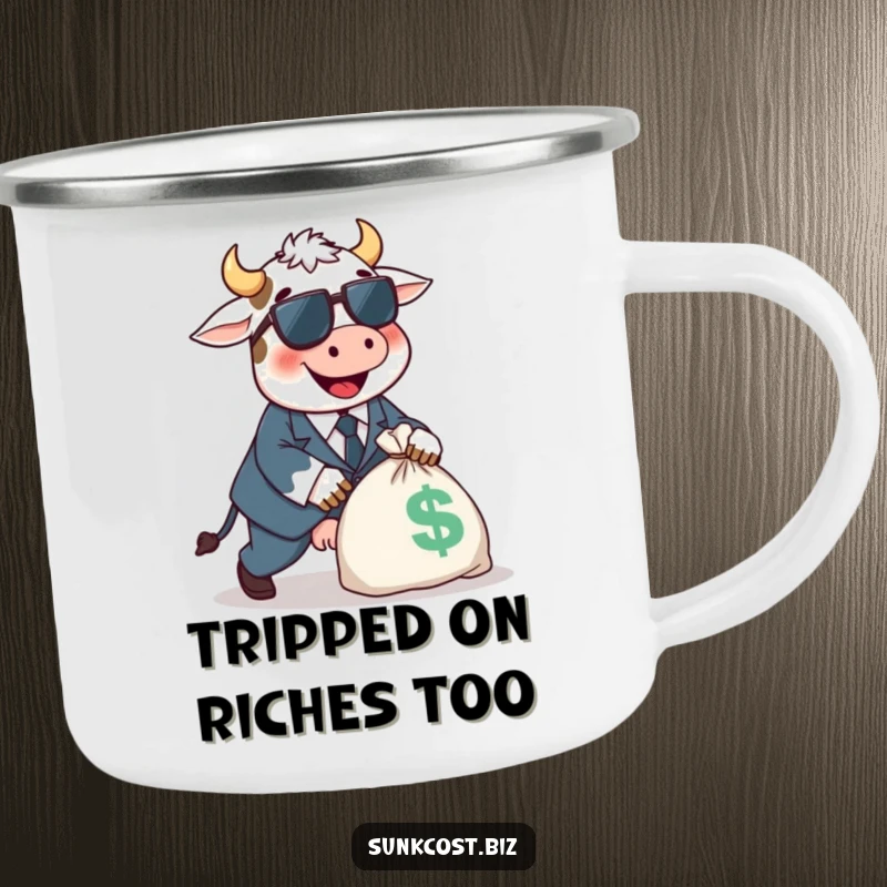 Funny happy cow character in a tiny suit tripping over a money bag, durable funny gift.