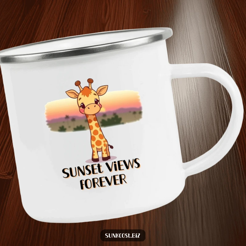 Funny camping mug with a happy giraffe gazing wistfully at a fading sunset, ideal for enjoying brews during outdoor excursions.