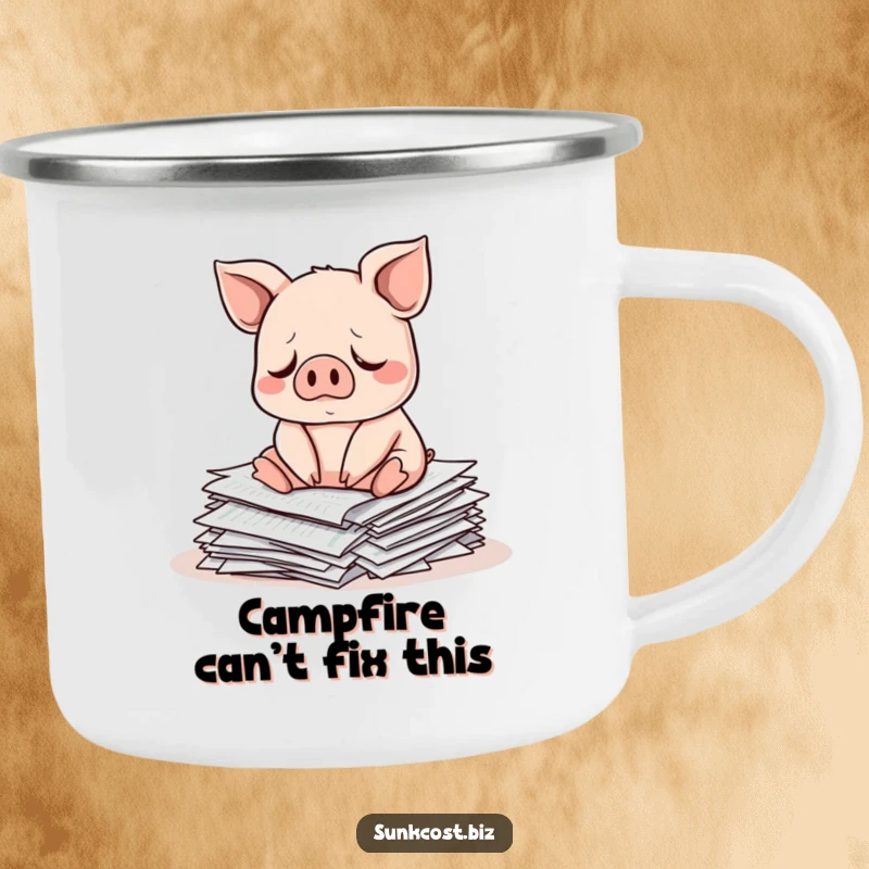 Funny sad pig character sitting on a pile of investment papers, durable funny market gift.