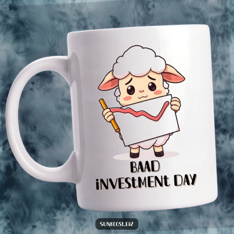 Funny confused sheep character holding a declining stock market graph chart upside down, witty funny gift.