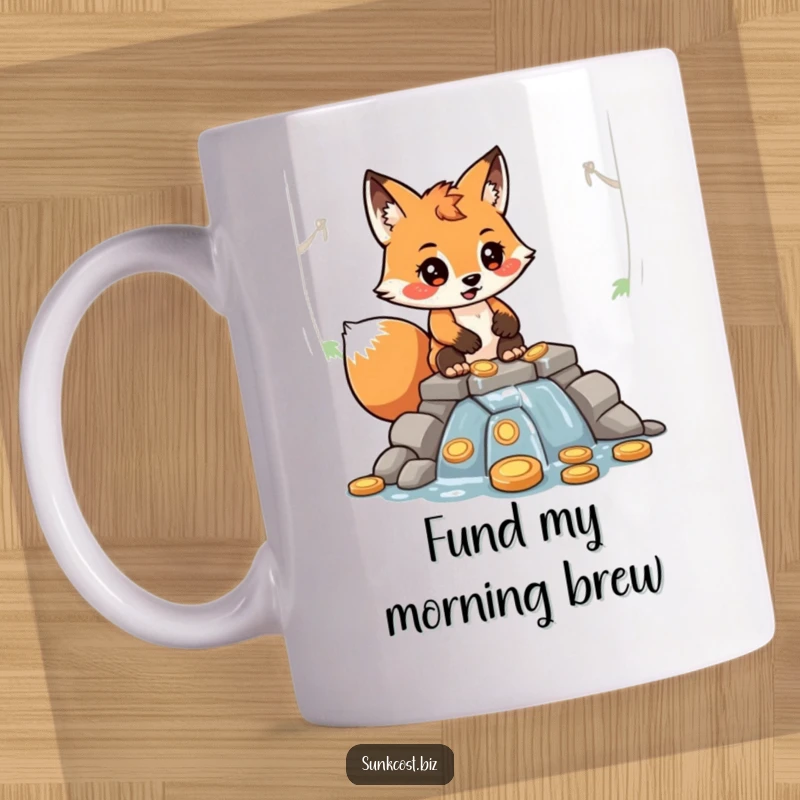 Funny determined fox character building a dam out of coins, with water leaking through, on a humorous mug.