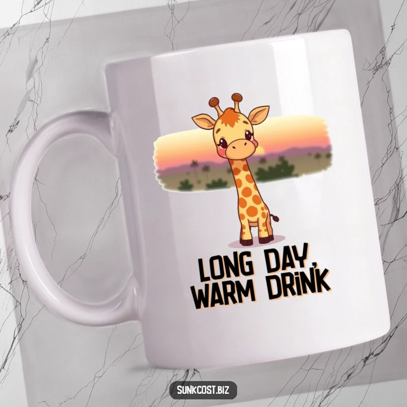 Funny mug featuring a happy giraffe gazing wistfully at a beautiful, fading sunset, evoking peaceful and humorous contemplation.