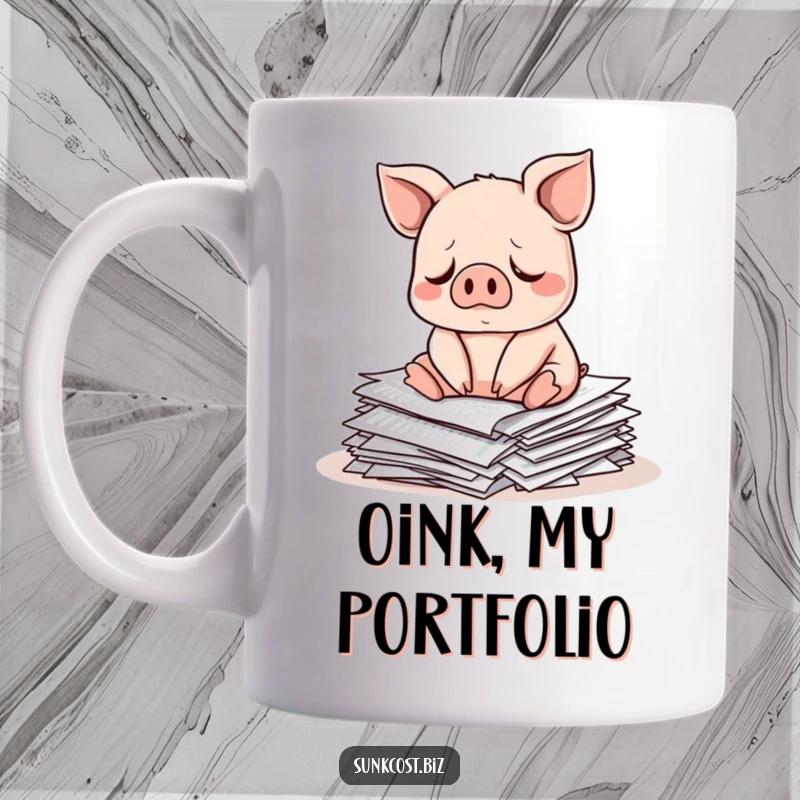Funny sad pig character sitting glumly on a pile of investment papers, empathetic funny gift.