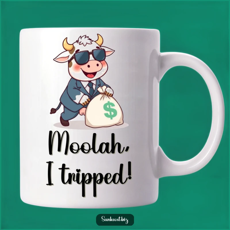 Funny Cow Tripping Mug: Happy Suit, Money Bag Mishap, Hilarious Gift Idea