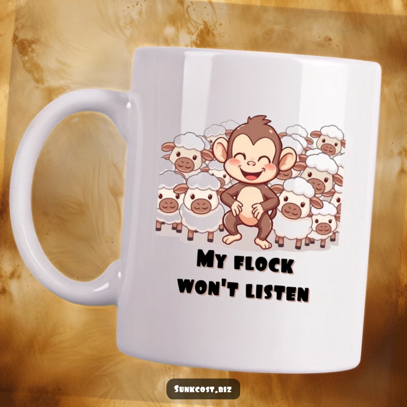 Funny mug showing a giggling monkey struggling to herd a flock of bewildered sheep, capturing a moment of comical frustration.