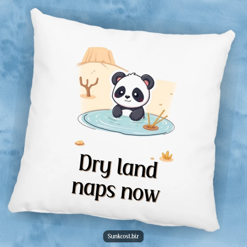 Funny pillow showcasing a playful panda comically trying to swim in a dry desert, providing comfort and a dose of surreal humor.
