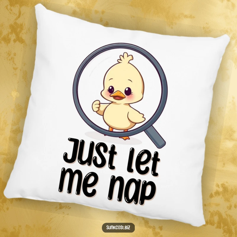 Funny duck character in a funny scramble to escape a giant magnifying glass, depicted on a soft throw pillow.