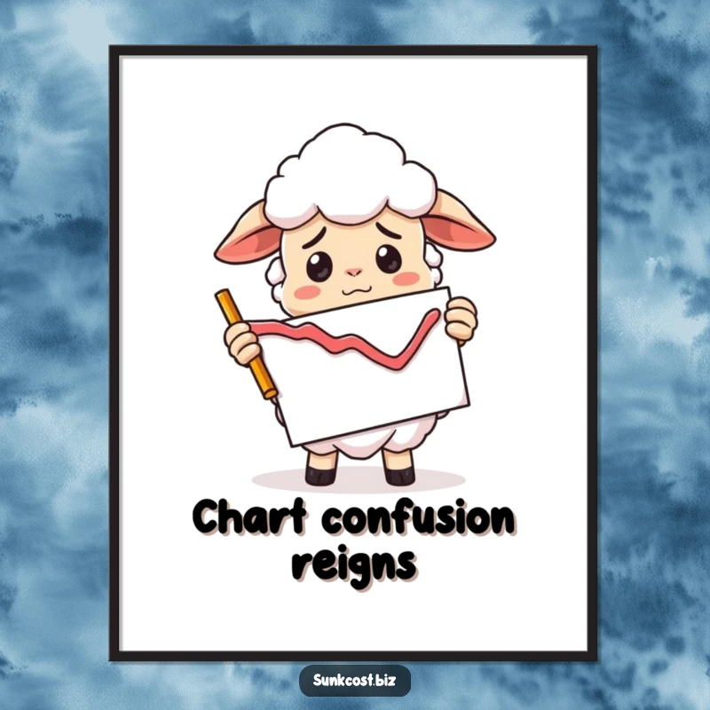 Funny confused sheep character holding a declining graph chart upside down, instant funny art.