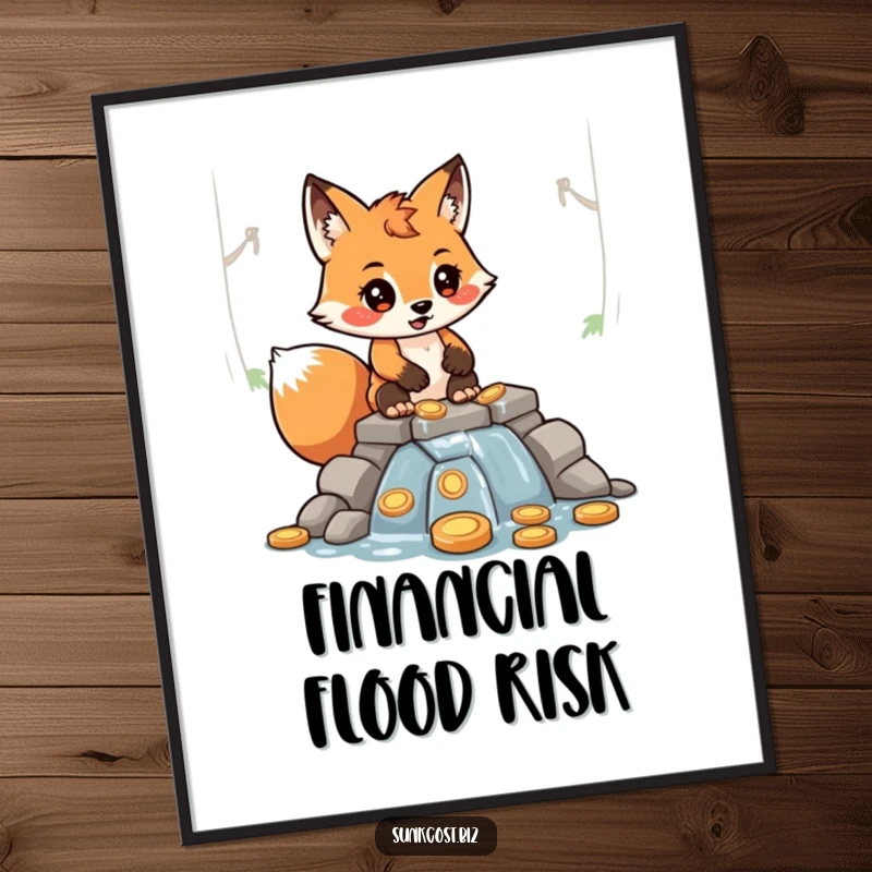 Funny determined fox character building a leaky dam with coins, as humorous digital art.