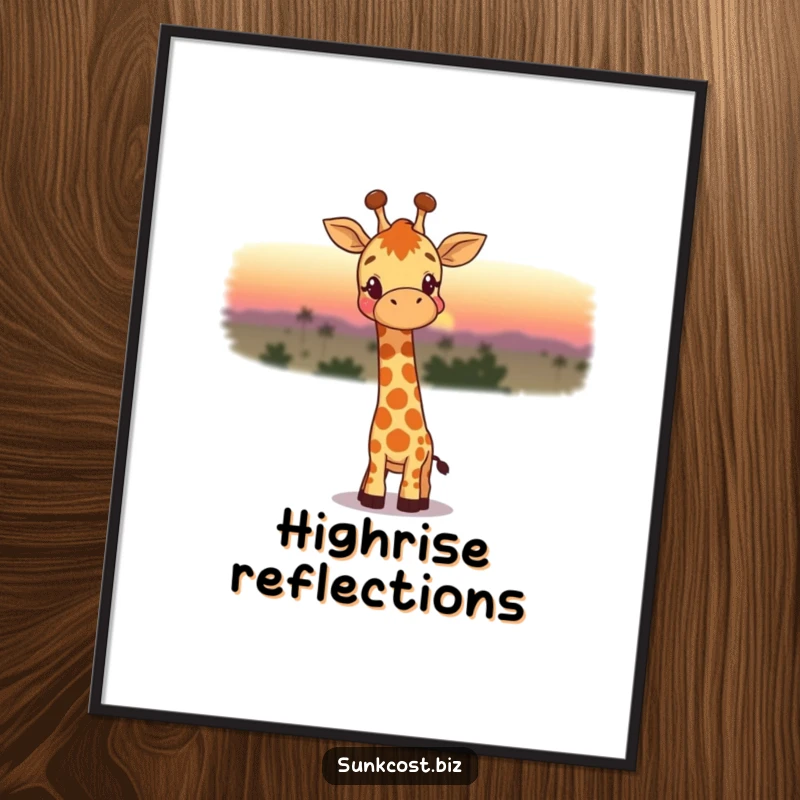 Funny digital art print of a happy giraffe gazing wistfully at a fading sunset, perfect for adding serene, humorous beauty to any room.