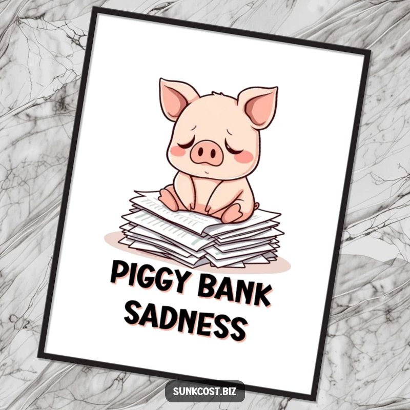 Funny sad pig character sitting on a pile of investment papers, instant funny art.