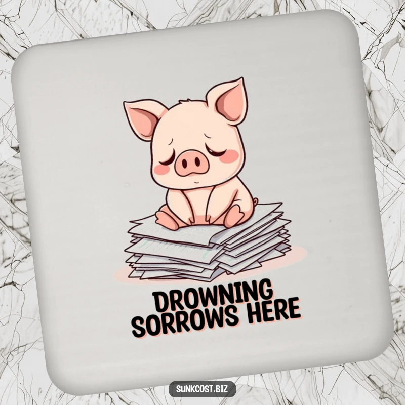 Funny sad pig sitting on investment papers, perfect funny market gift set.