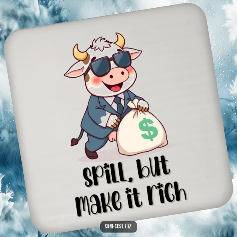Funny happy cow in a tiny suit tripping over a money bag, perfect funny gift set.