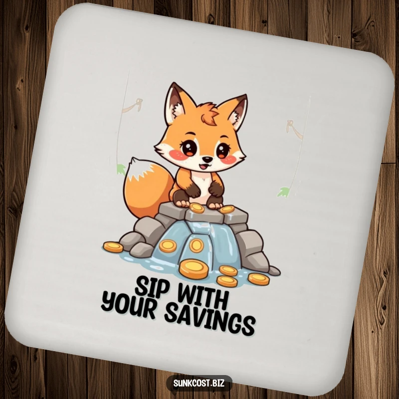Funny determined fox character building a leaky dam from coins, designed as a humorous drink coaster.