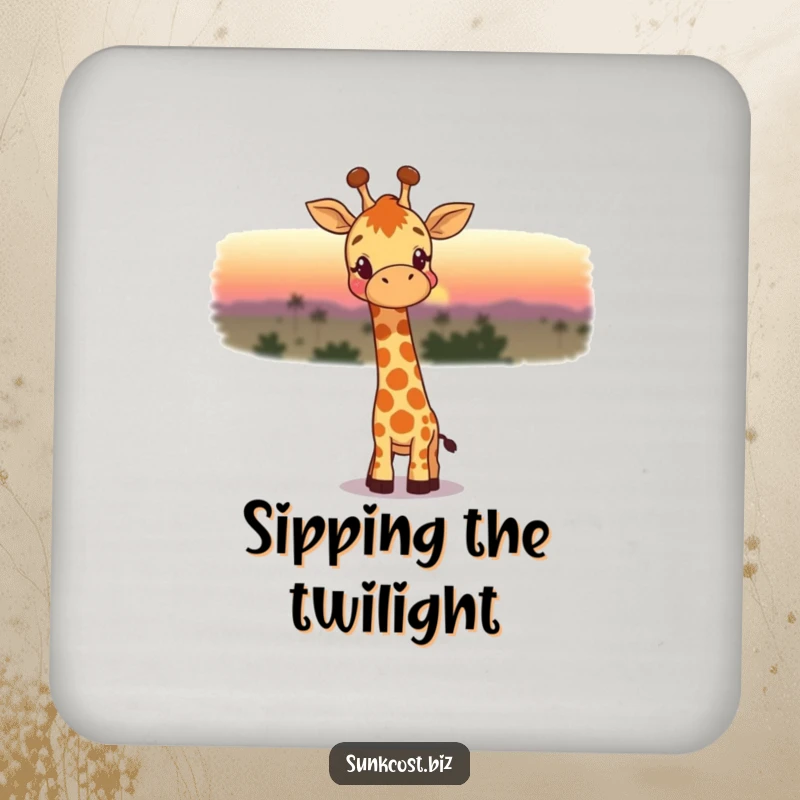 Funny drink coaster with a happy giraffe wistfully watching a fading sunset, offering surface protection with elegant, humorous charm.