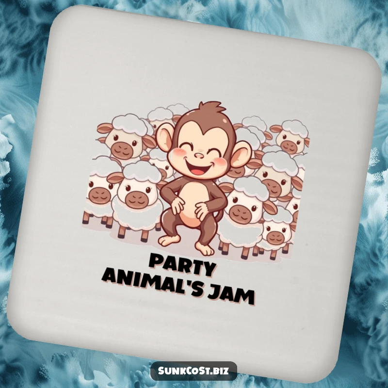 Funny drink coaster featuring a giggling monkey comically herding confused sheep, protecting surfaces with a dose of animal humor.