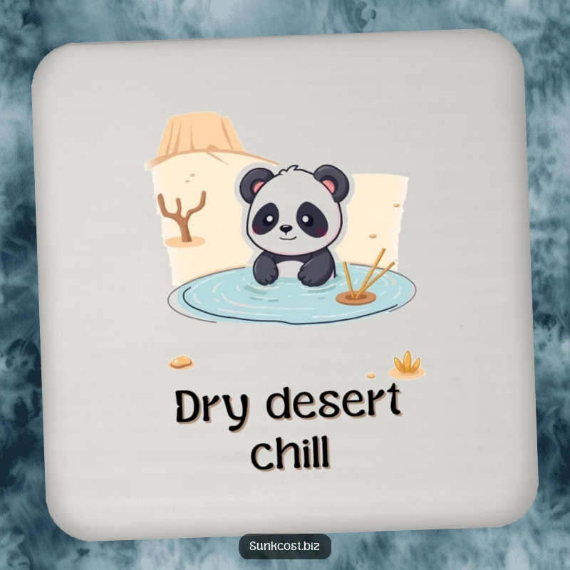 Funny drink coaster featuring a playful panda comically attempting to swim in a dry desert, protecting surfaces with surreal and humorous charm.