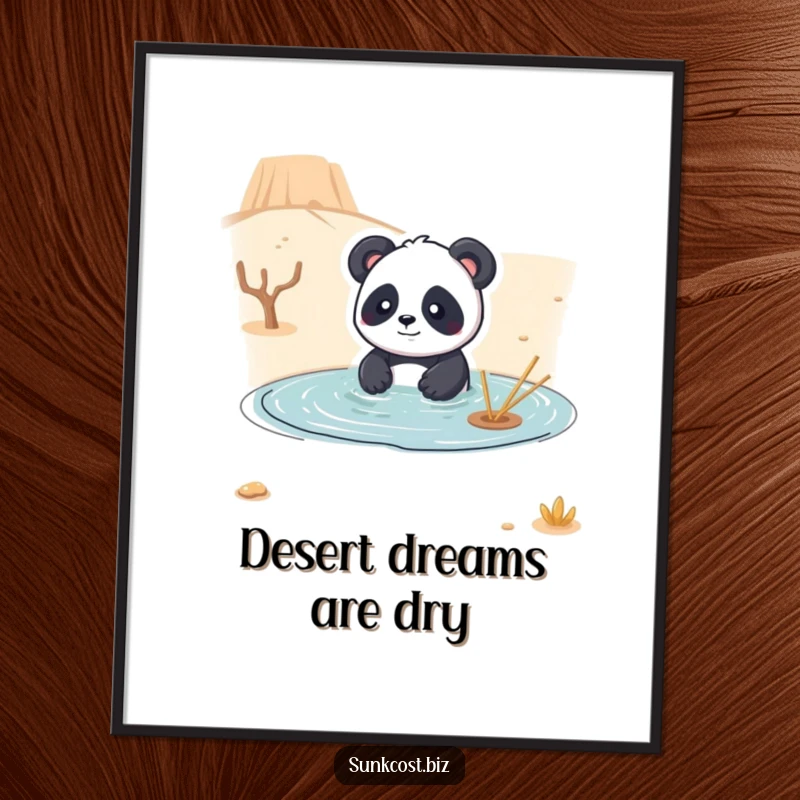 Funny poster artwork of a playful panda attempting to swim in a dry desert, adding a touch of surreal and humorous charm to any space.