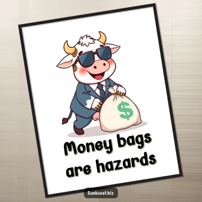 Funny happy cow character in a tiny suit tripping over a large money bag, framed funny gift.