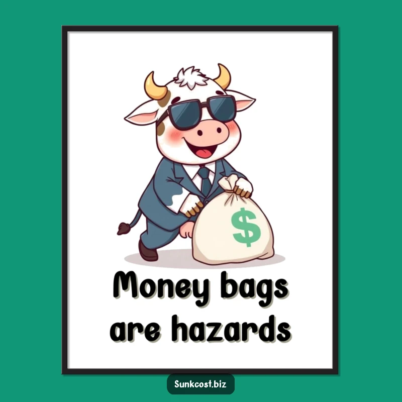 Funny Cow Tripping Poster: Happy Suit Art, Money Bag Comedy Gift
