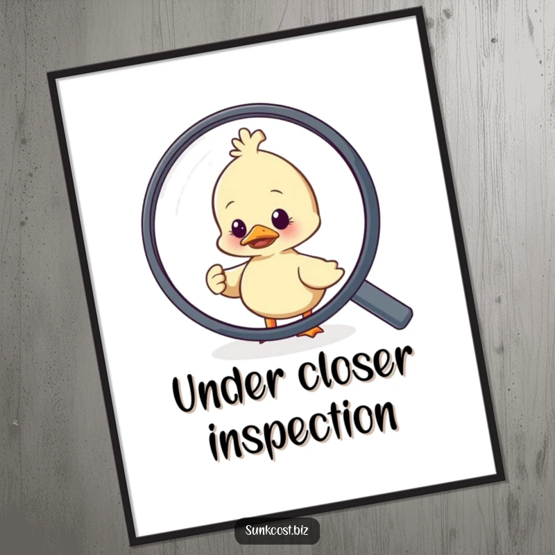 Funny duck character appearing stressed and trying to run away from a huge magnifying glass, displayed as wall art.