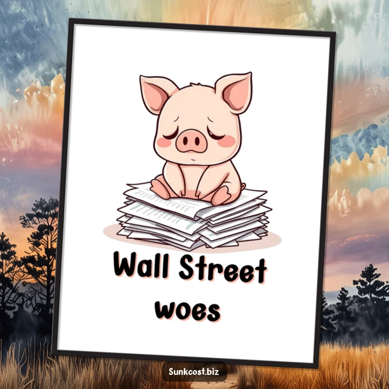 Funny sad pig character sitting on a pile of investment papers, empathetic funny wall art.
