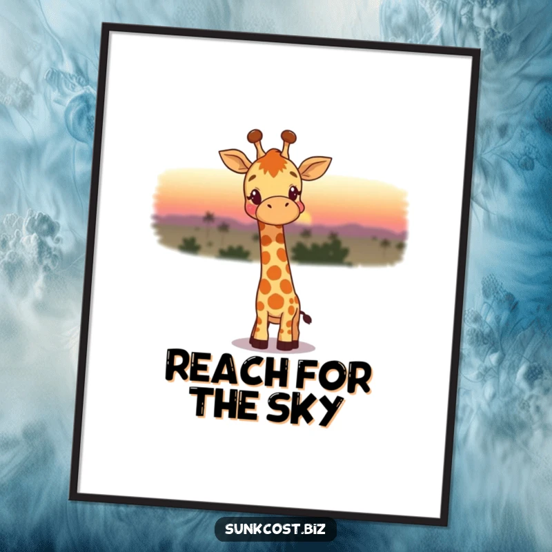 Funny poster art of a happy giraffe gazing wistfully at a fading sunset, adding a touch of peaceful, humorous beauty to any wall.