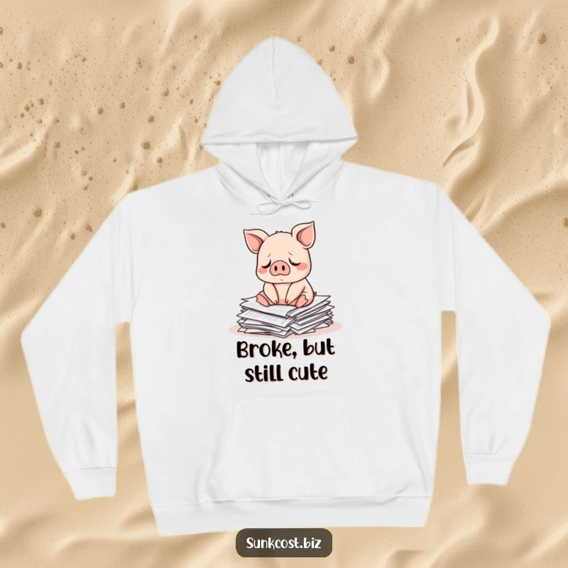 Funny sad pig character sitting on a pile of investment papers, cozy funny investment gift.