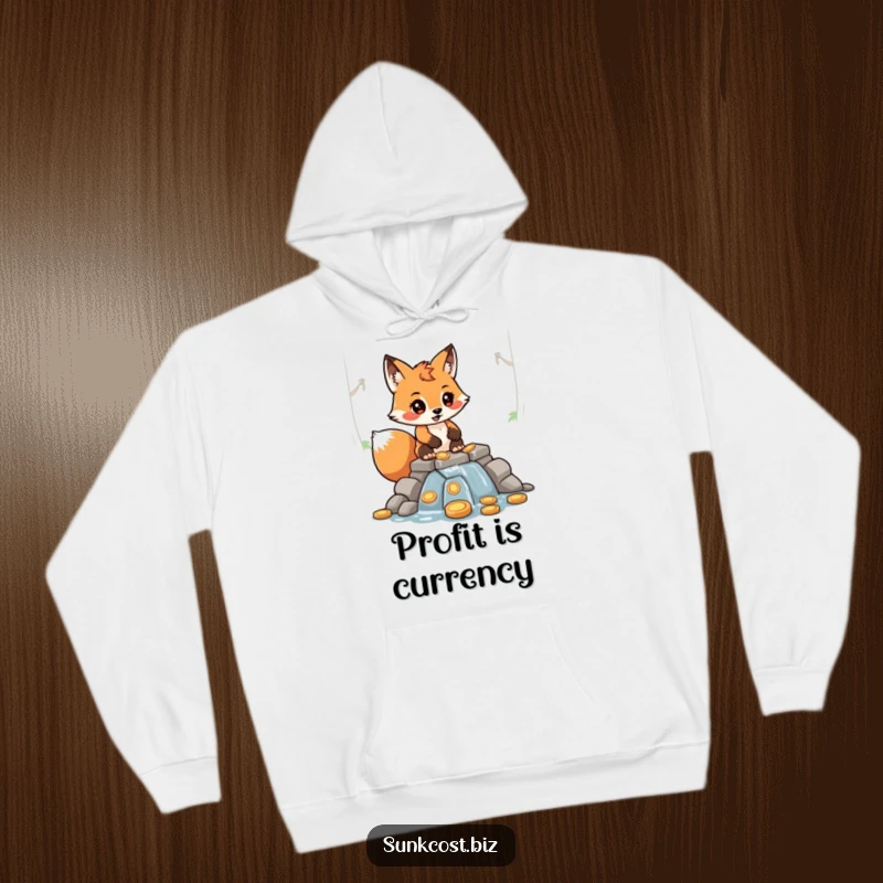Funny determined fox character diligently building a dam made of coins, with water trickling through, on a cozy hoodie.