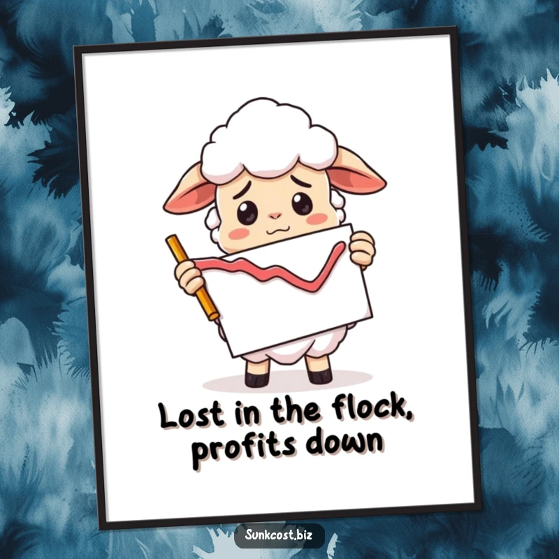 Funny Free Printable Wall Art: A confused sheep holds a declining graph chart upside down, depicting market confusion.