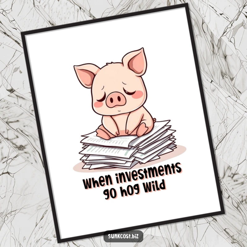 Funny Free Printable Wall Art: A sad pig character sits on a pile of investment papers, contemplating market losses.