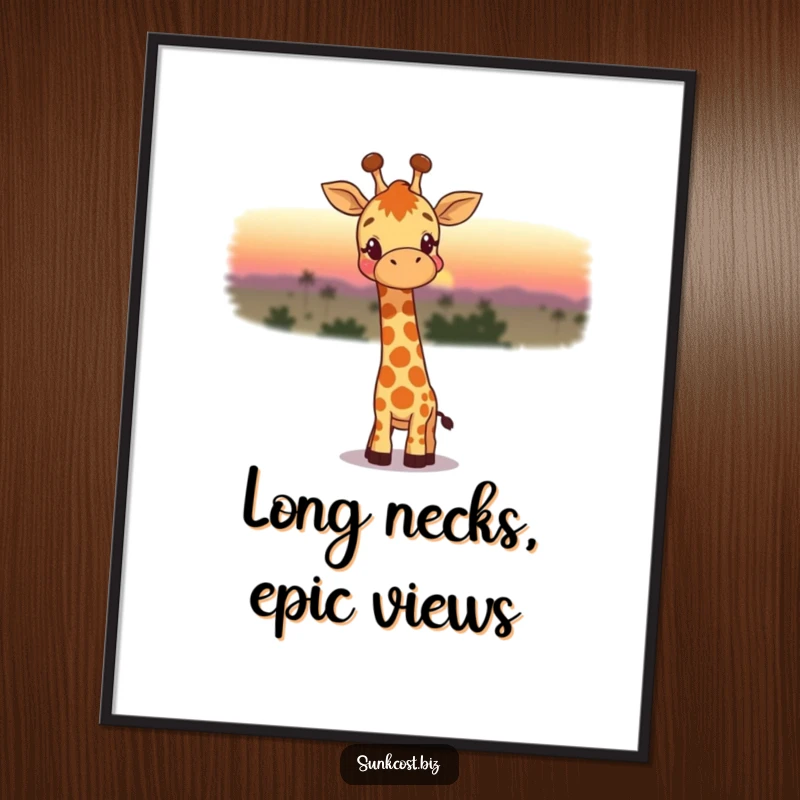 Funny free printable wall art: A happy giraffe stares wistfully at a beautiful, distant sunset, creating a serene yet humorous scene.
