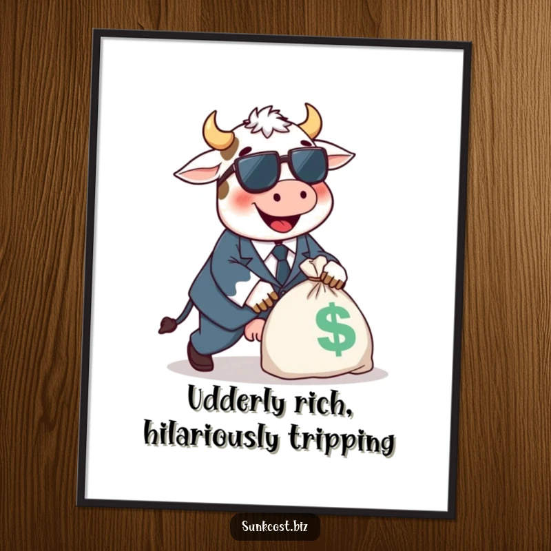 Funny Free Printable Wall Art: A happy cow in a tiny suit trips over a money bag, creating a comical scene.