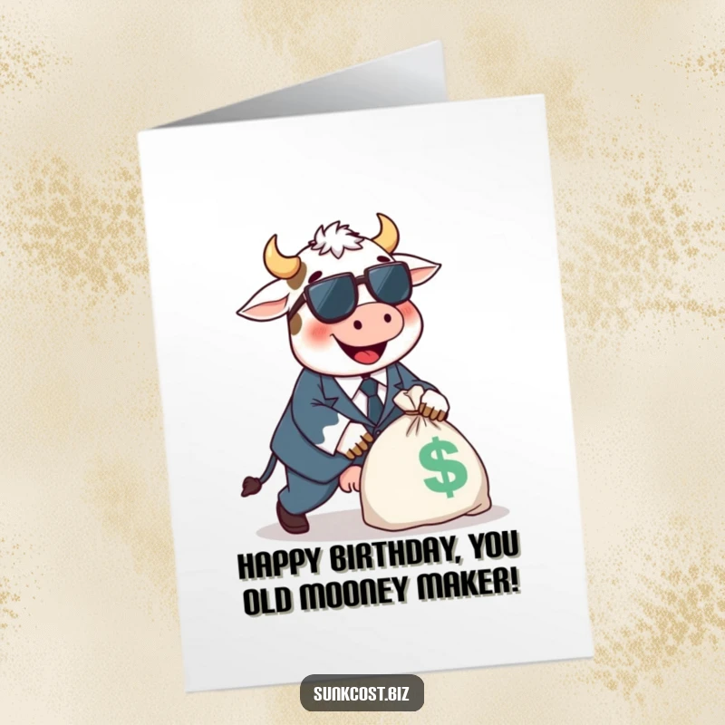 Funny Free Printable Birthday Card: A happy cow in a tiny suit trips over a money bag, celebrating with chaotic joy.