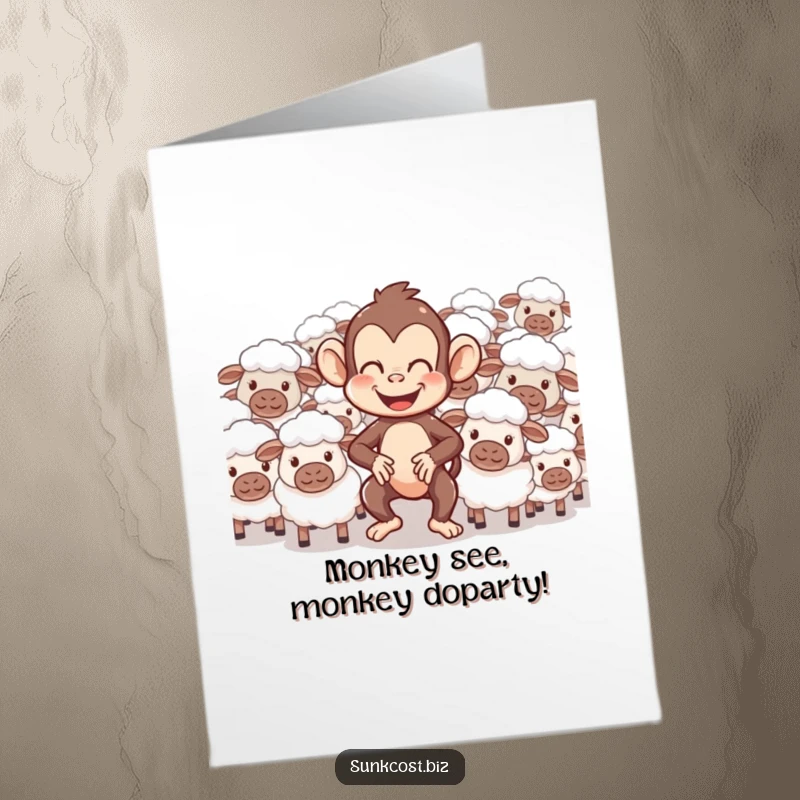 Funny free printable birthday card: A giggling monkey struggles to herd a flock of bewildered sheep, perfect for a laugh.