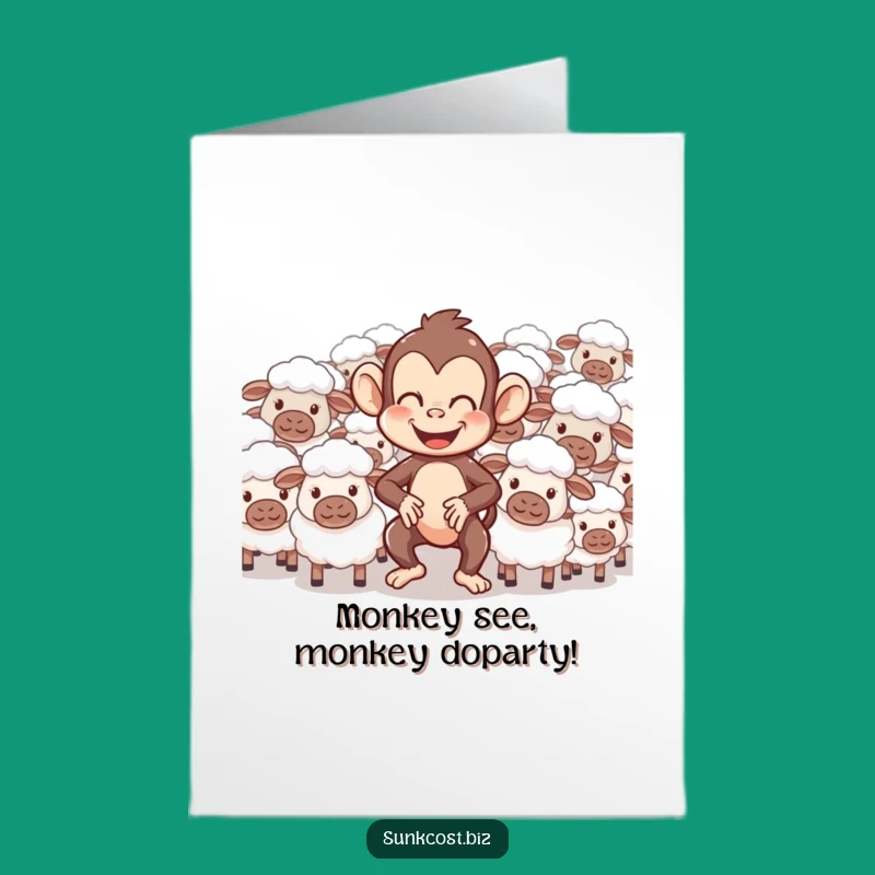 Free Printable Giggling Monkey Herding Sheep Birthday Card - Funny Downloadable Gift