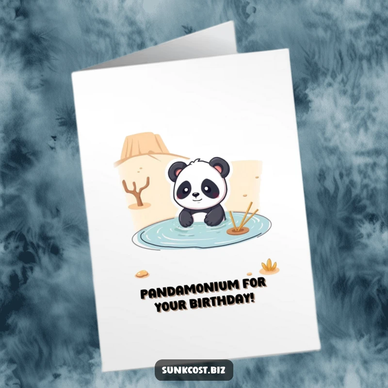 Funny free printable birthday card: A playful panda comically attempts to swim in a vast, dry desert landscape.