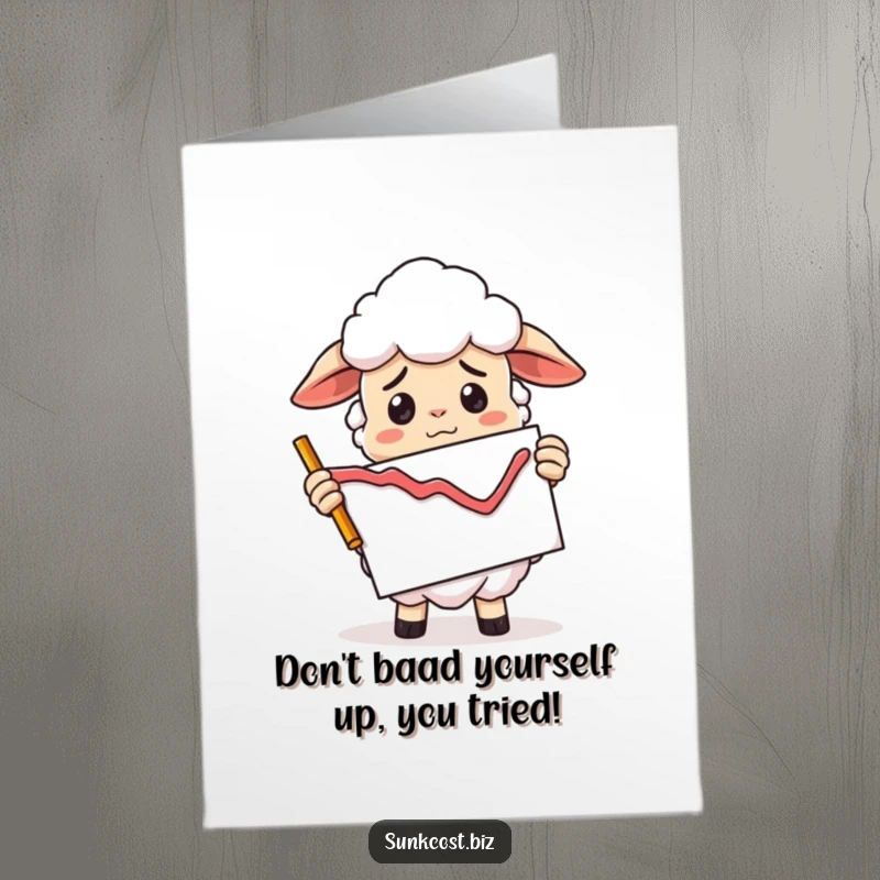 Funny Free Printable Congrats Card: A confused sheep holds a declining graph chart upside down, a relatable market moment.