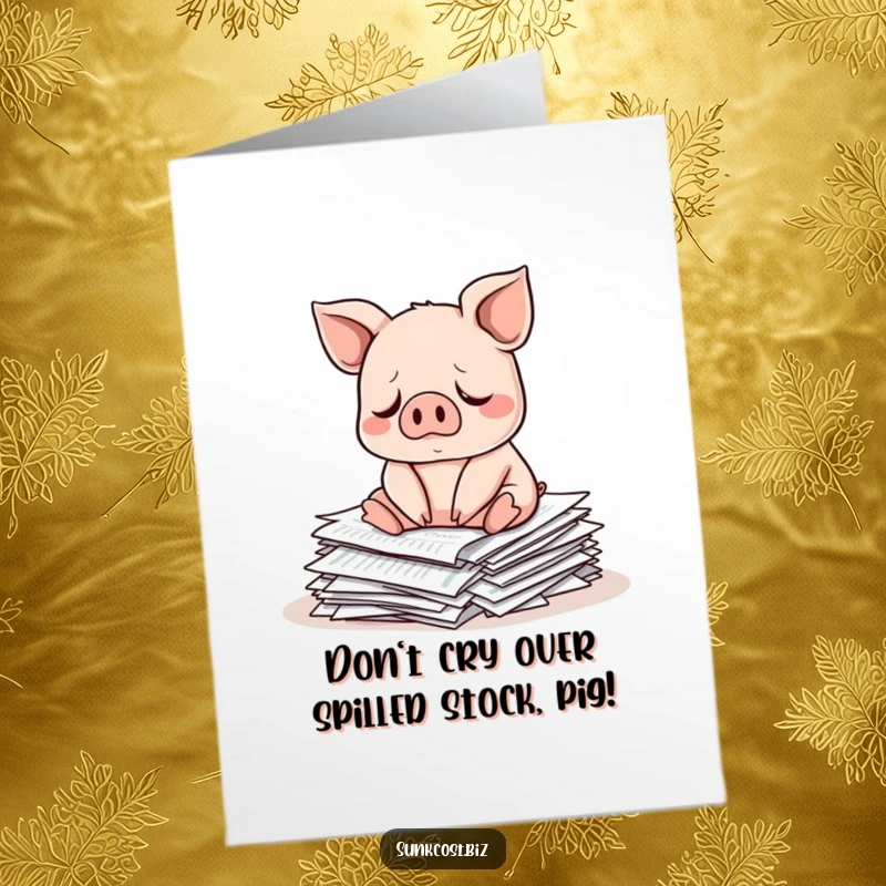 Funny Free Printable Congrats Card: A sad pig sits on a pile of investment papers, commiserating financial struggles.