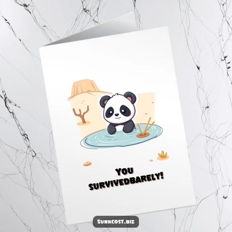 Free printable congratulations card: A playful panda absurdly tries to swim in a parched desert, making congratulations unexpectedly funny.