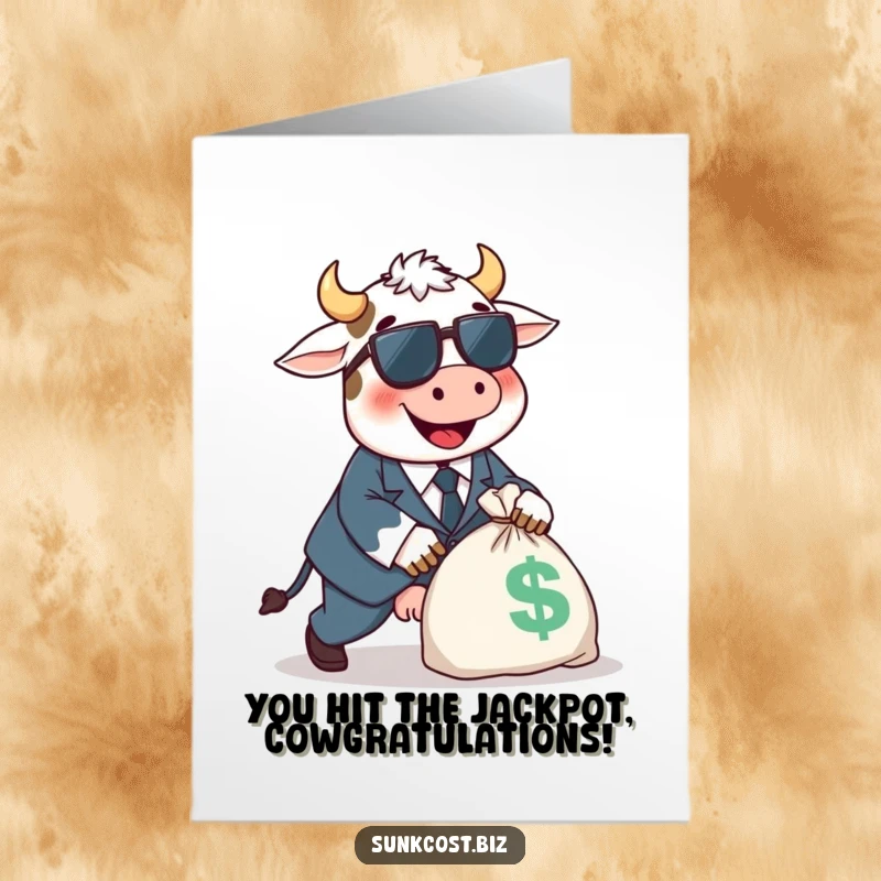 Funny Free Printable Congrats Card: A cow in a tiny suit trips over a money bag, celebrating financial success hilariously.