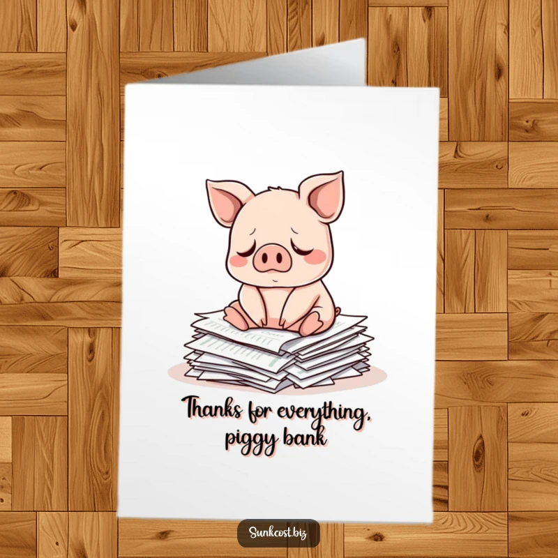 Funny Free Printable Thank You Card: A sad pig sits on investment papers, offering thanks with a touch of gloom.
