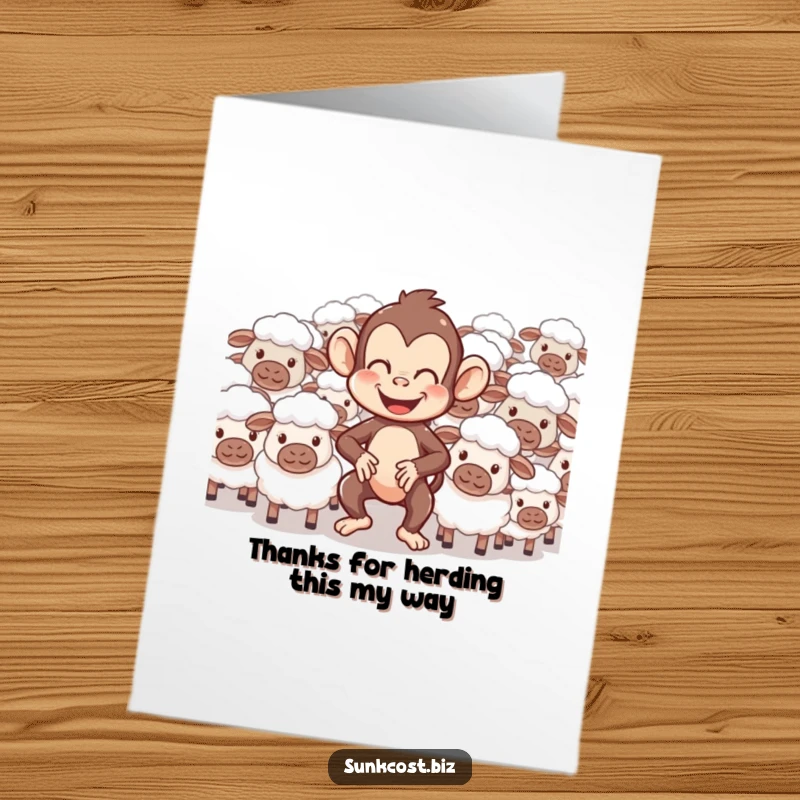Funny free printable thank you card: A giggling monkey comically herds confused sheep, expressing thanks with unparalleled humor.