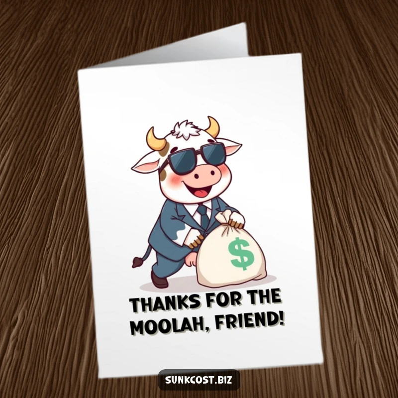 Funny Free Printable Thank You Card: A happy cow in a tiny suit trips over a money bag, offering thanks humorously.