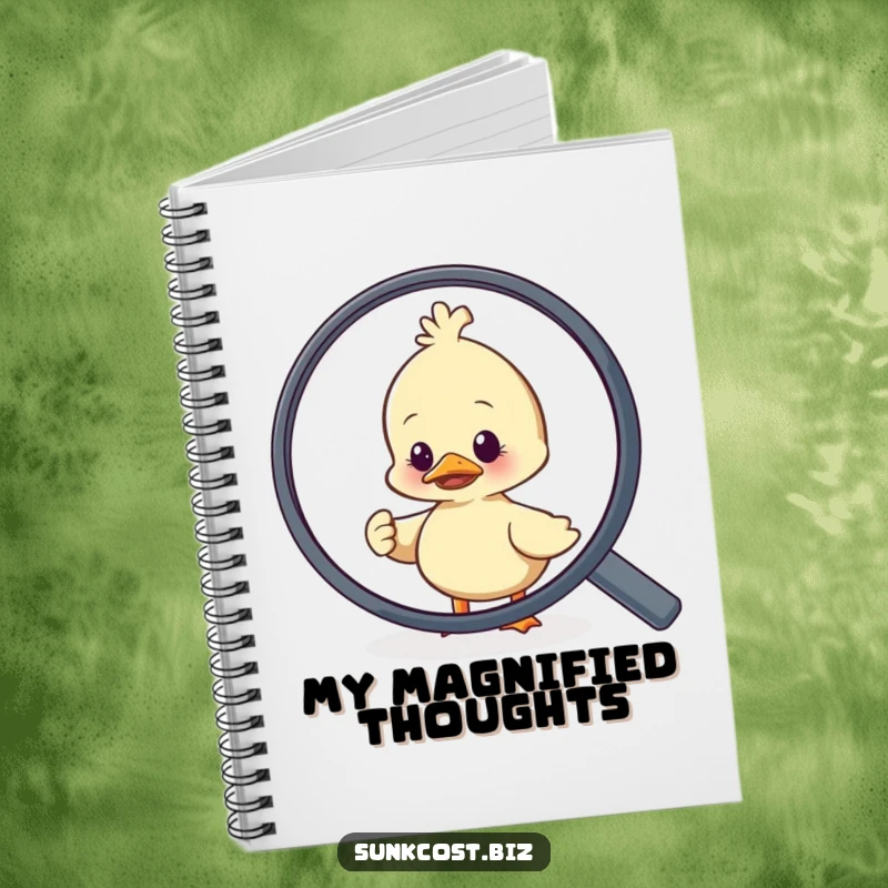 Funny duck character in a humorous rush to escape a giant magnifying glass, featured on the cover of a notebook.