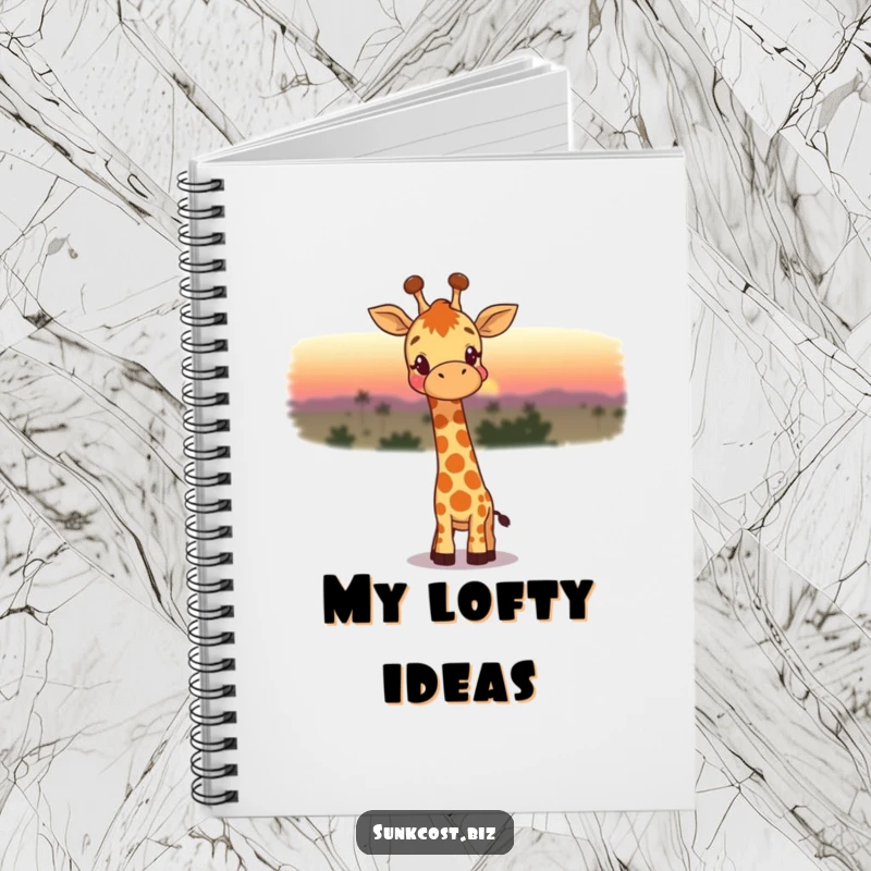 Funny notebook with a happy giraffe wistfully watching a fading sunset, inspiring peaceful thoughts and creative journaling.