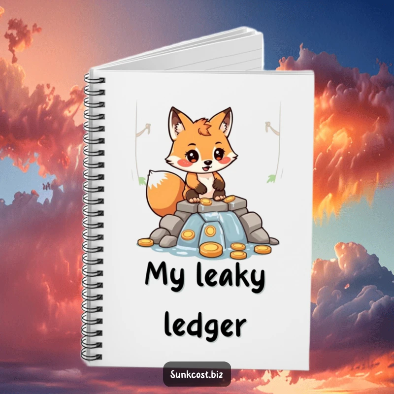 Funny determined fox character constructing a leaky dam using coins, on the cover of a humorous notebook.